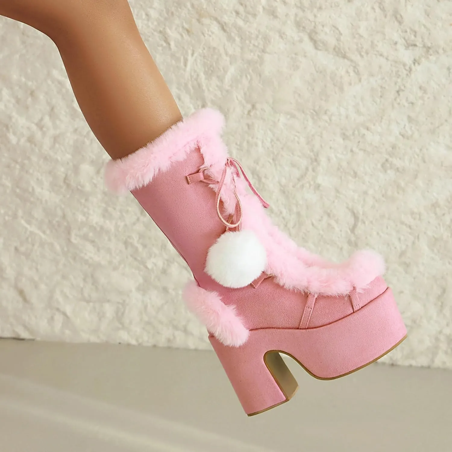 KysBloes Women Fluffy Faux Fur Boots Mid Calf Platform Boots Chunky High Heel Lace Up Winter Boots Warm Long Fur Boots for Ladies