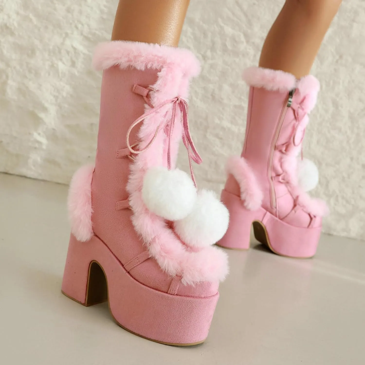 KysBloes Women Fluffy Faux Fur Boots Mid Calf Platform Boots Chunky High Heel Lace Up Winter Boots Warm Long Fur Boots for Ladies