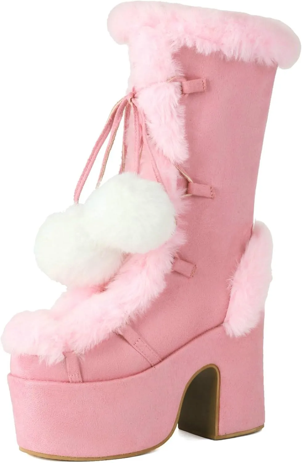 KysBloes Women Fluffy Faux Fur Boots Mid Calf Platform Boots Chunky High Heel Lace Up Winter Boots Warm Long Fur Boots for Ladies