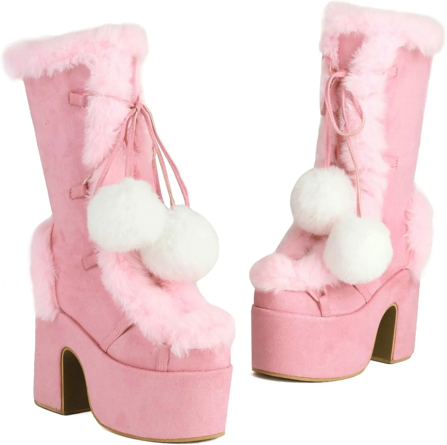 KysBloes Women Fluffy Faux Fur Boots Mid Calf Platform Boots Chunky High Heel Lace Up Winter Boots Warm Long Fur Boots for Ladies