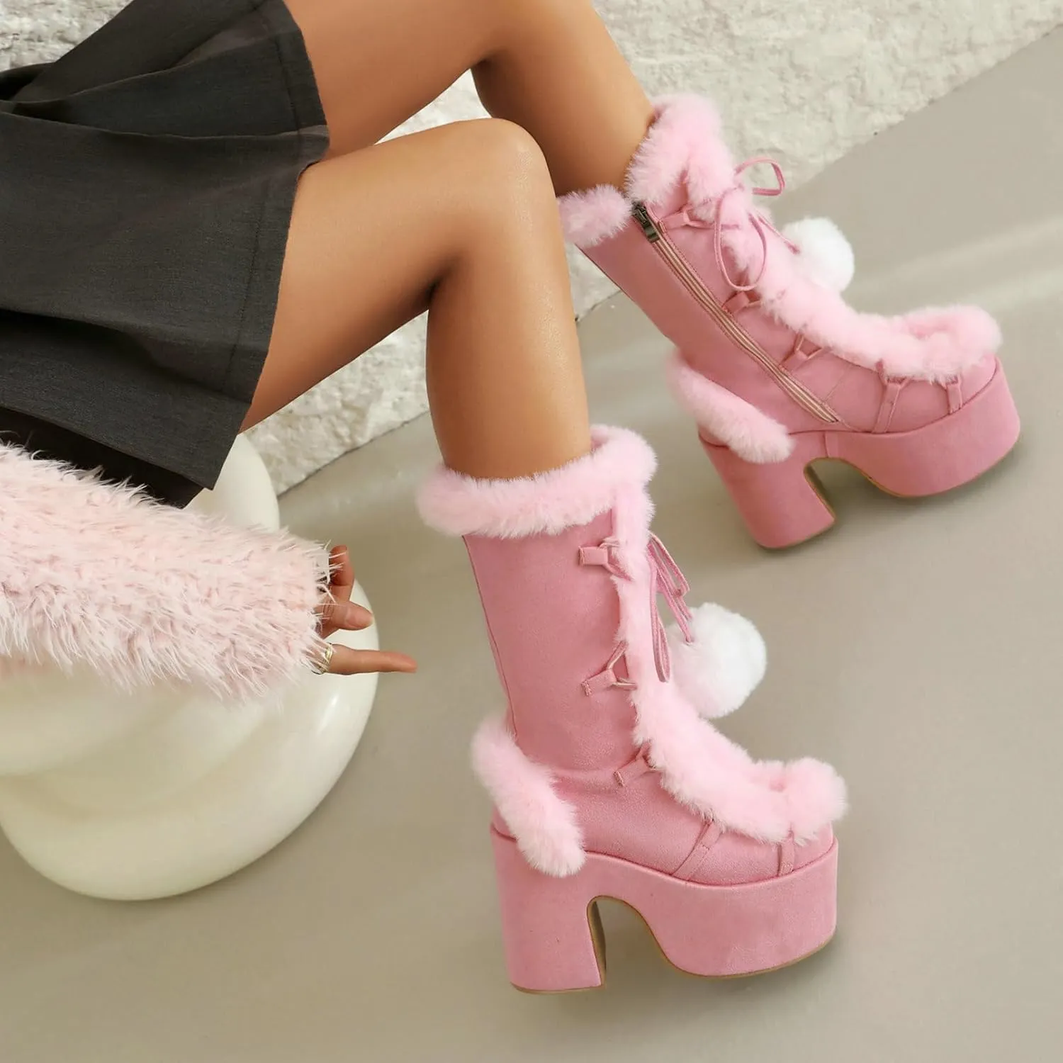 KysBloes Women Fluffy Faux Fur Boots Mid Calf Platform Boots Chunky High Heel Lace Up Winter Boots Warm Long Fur Boots for Ladies