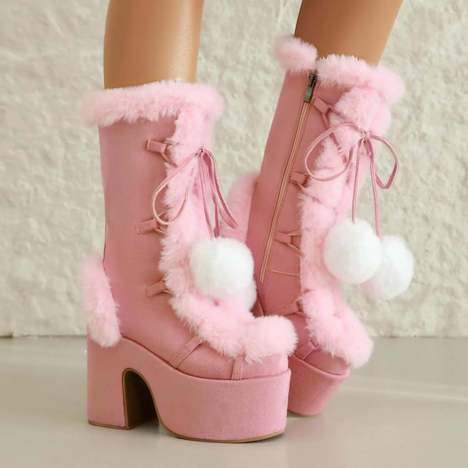 KysBloes Women Fluffy Faux Fur Boots Mid Calf Platform Boots Chunky High Heel Lace Up Winter Boots Warm Long Fur Boots for Ladies