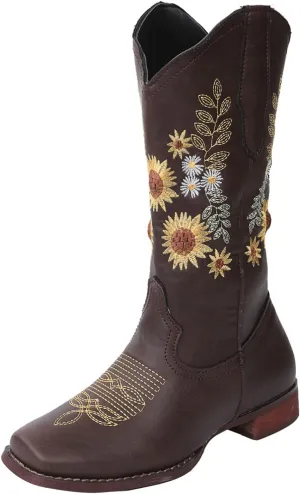 Ladmiple Boots For Women Cowboy Style Wide Calf Sunflower Embroidered Pull On Cowgirl Boots Chunky Heel Western Boots