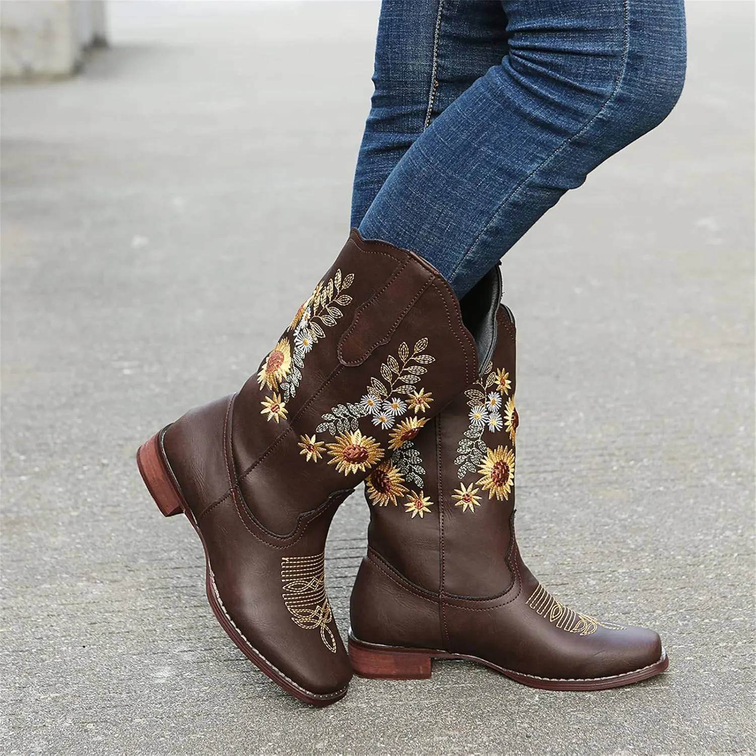 Ladmiple Boots For Women Cowboy Style Wide Calf Sunflower Embroidered Pull On Cowgirl Boots Chunky Heel Western Boots