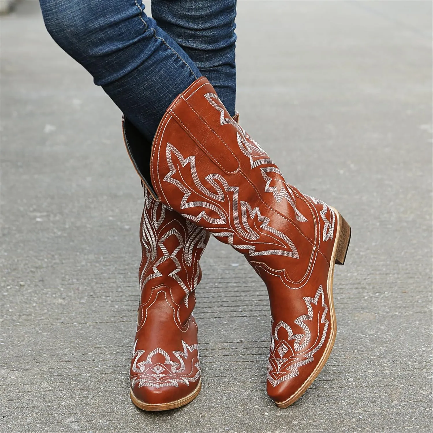 Ladmiple Cowboy Boots For Women Knee High Wide Calf Embroidered Western Boots Chunky Heel Fashion Classic Boot Pull-On