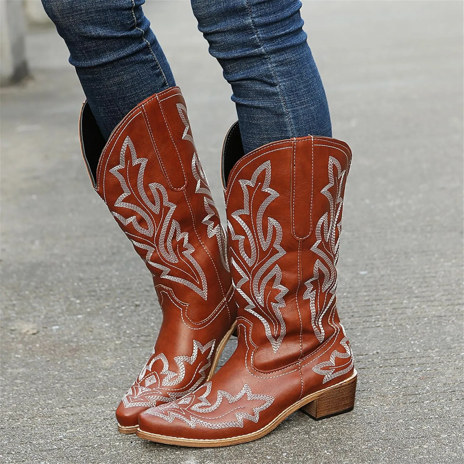 Ladmiple Cowboy Boots For Women Knee High Wide Calf Embroidered Western Boots Chunky Heel Fashion Classic Boot Pull-On