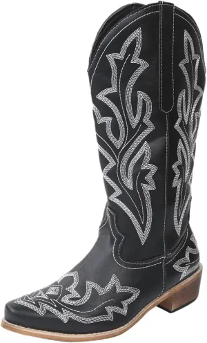 Ladmiple Cowboy Boots For Women Wide Calf Knee High Embroidered Pull On Cowgirl Boots Chunky Heel Western Mid Calf Boots