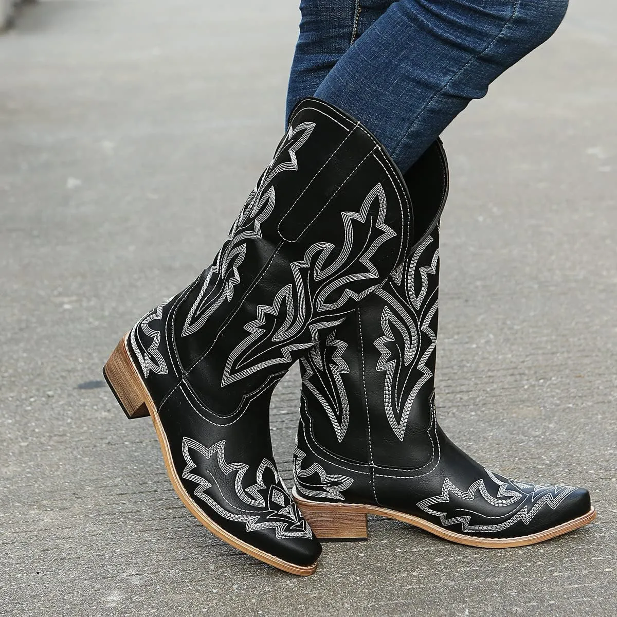 Ladmiple Cowboy Boots For Women Wide Calf Knee High Embroidered Pull On Cowgirl Boots Chunky Heel Western Mid Calf Boots