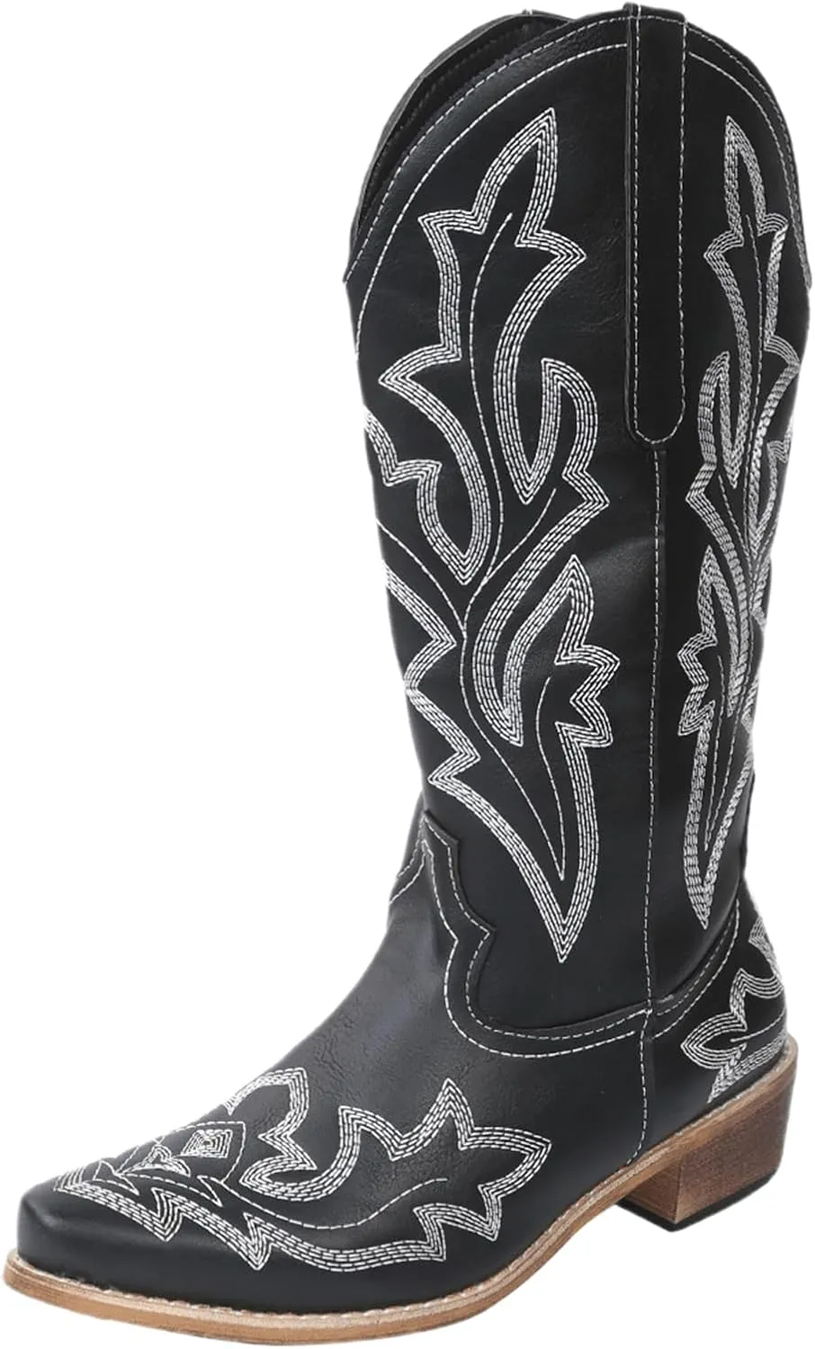 Ladmiple Cowboy Boots For Women Wide Calf Knee High Embroidered Pull On Cowgirl Boots Chunky Heel Western Mid Calf Boots