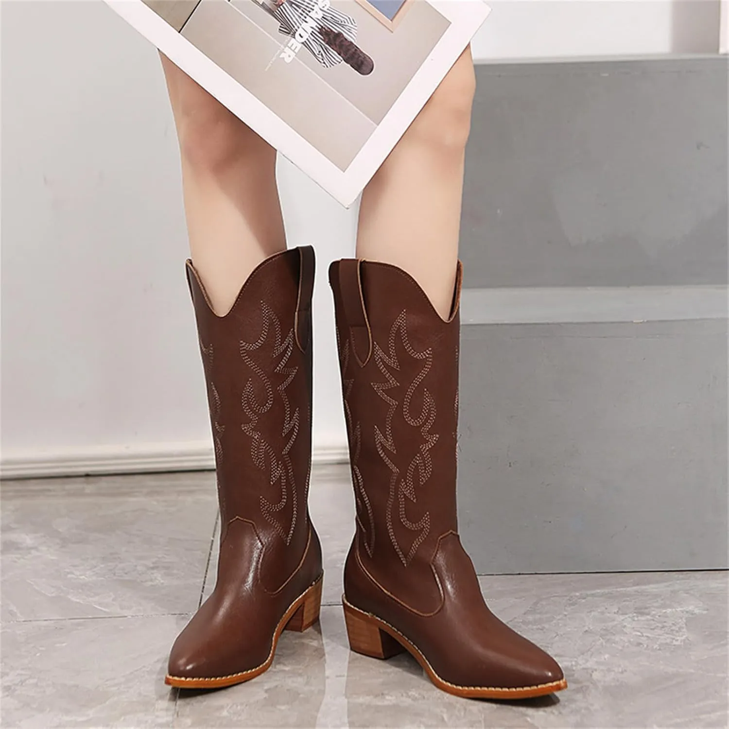 Ladmiple Cowboy Boots For Women Wide Calf Low Heel Cowgirl Embroidered Pointed Toe Chunky Heel Western Knee High Boots