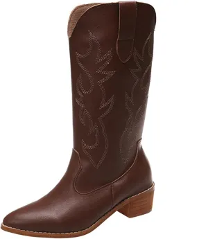 Ladmiple Cowboy Boots For Women Wide Calf Low Heel Cowgirl Embroidered Pointed Toe Chunky Heel Western Knee High Boots