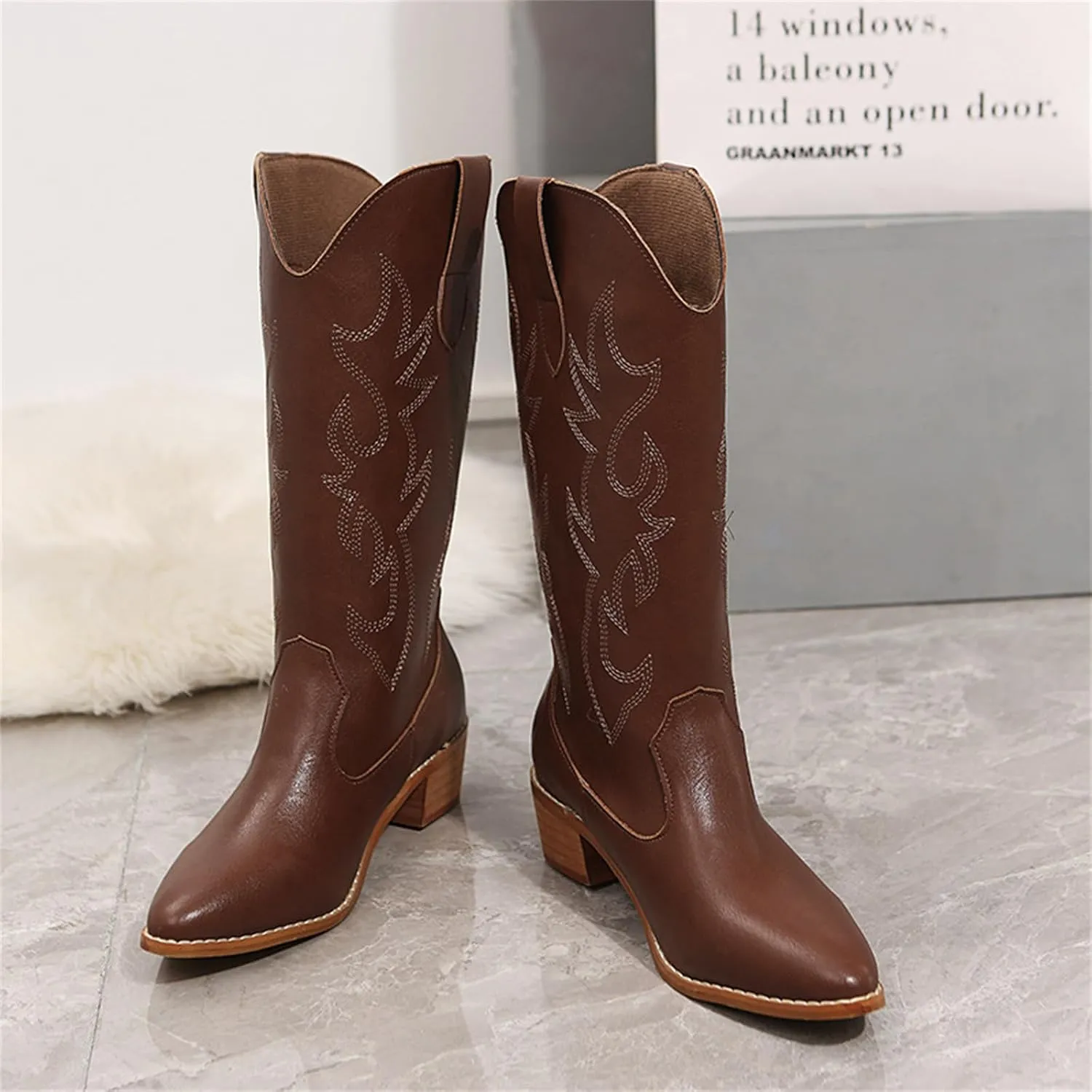 Ladmiple Cowboy Boots For Women Wide Calf Low Heel Cowgirl Embroidered Pointed Toe Chunky Heel Western Knee High Boots