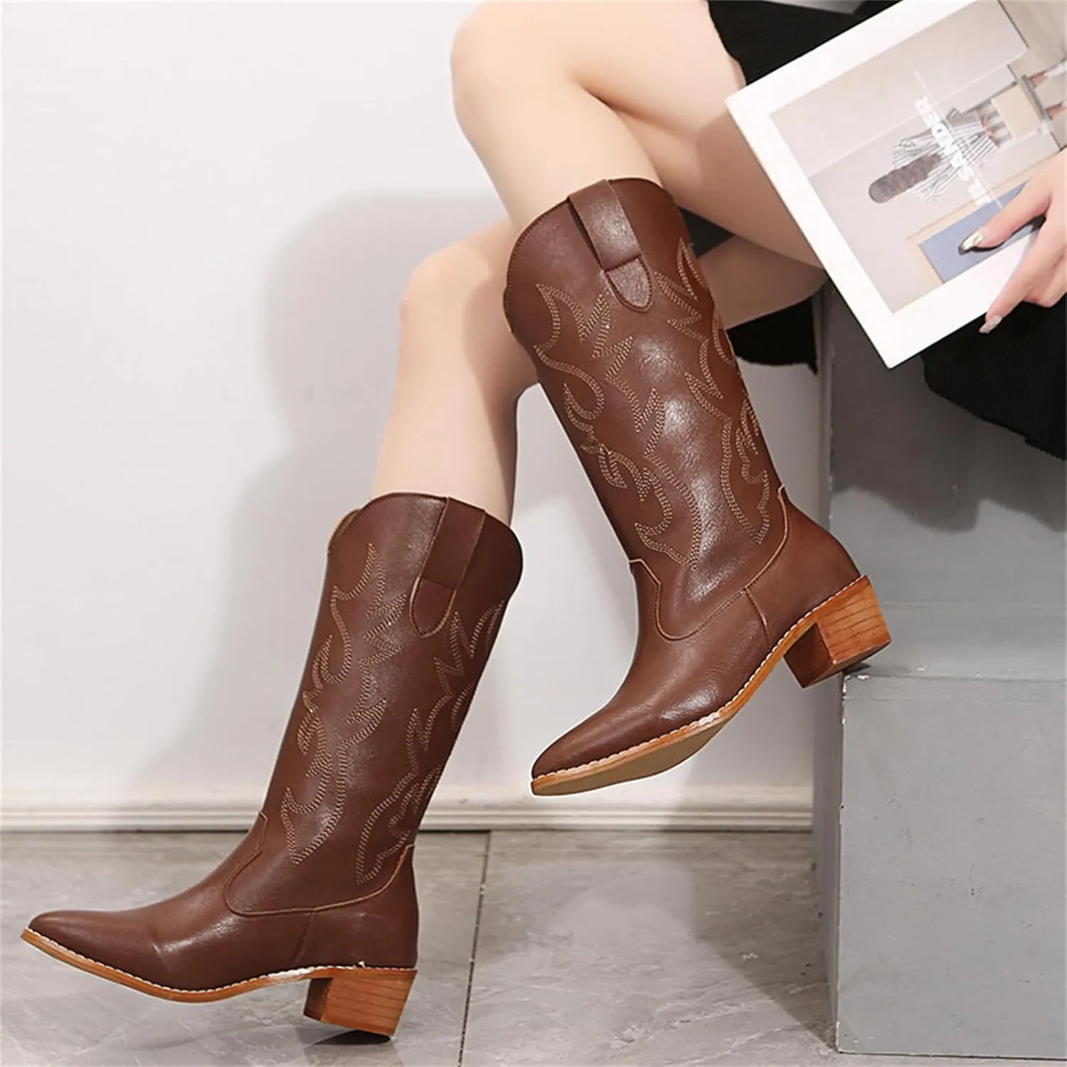 Ladmiple Cowboy Boots For Women Wide Calf Low Heel Cowgirl Embroidered Pointed Toe Chunky Heel Western Knee High Boots