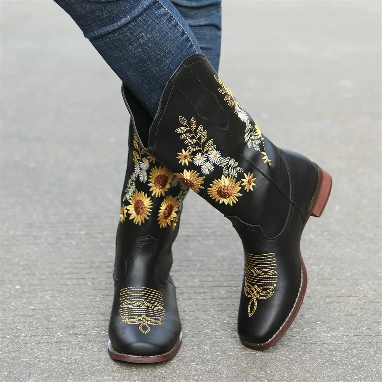 Ladmiple Cowgirl Boots Women Mid Calf Sunflower Embroidered Western Boots Chunky Heel Stitching Pull On Cowboy Boots