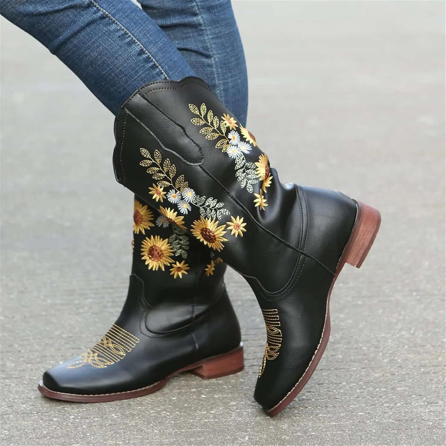 Ladmiple Cowgirl Boots Women Mid Calf Sunflower Embroidered Western Boots Chunky Heel Stitching Pull On Cowboy Boots