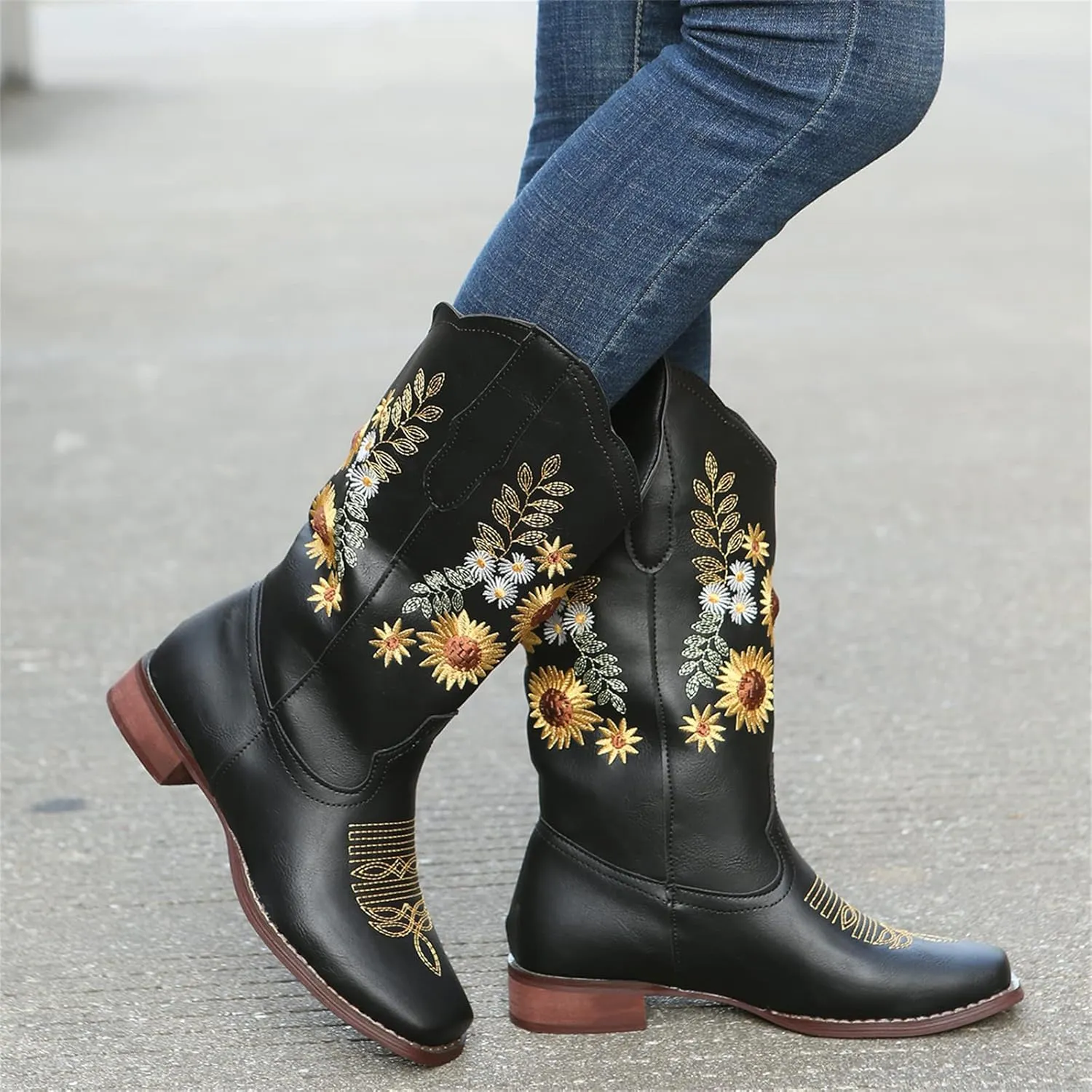 Ladmiple Cowgirl Boots Women Mid Calf Sunflower Embroidered Western Boots Chunky Heel Stitching Pull On Cowboy Boots