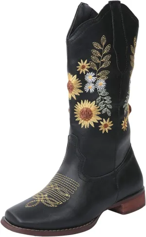 Ladmiple Cowgirl Boots Women Mid Calf Sunflower Embroidered Western Boots Chunky Heel Stitching Pull On Cowboy Boots