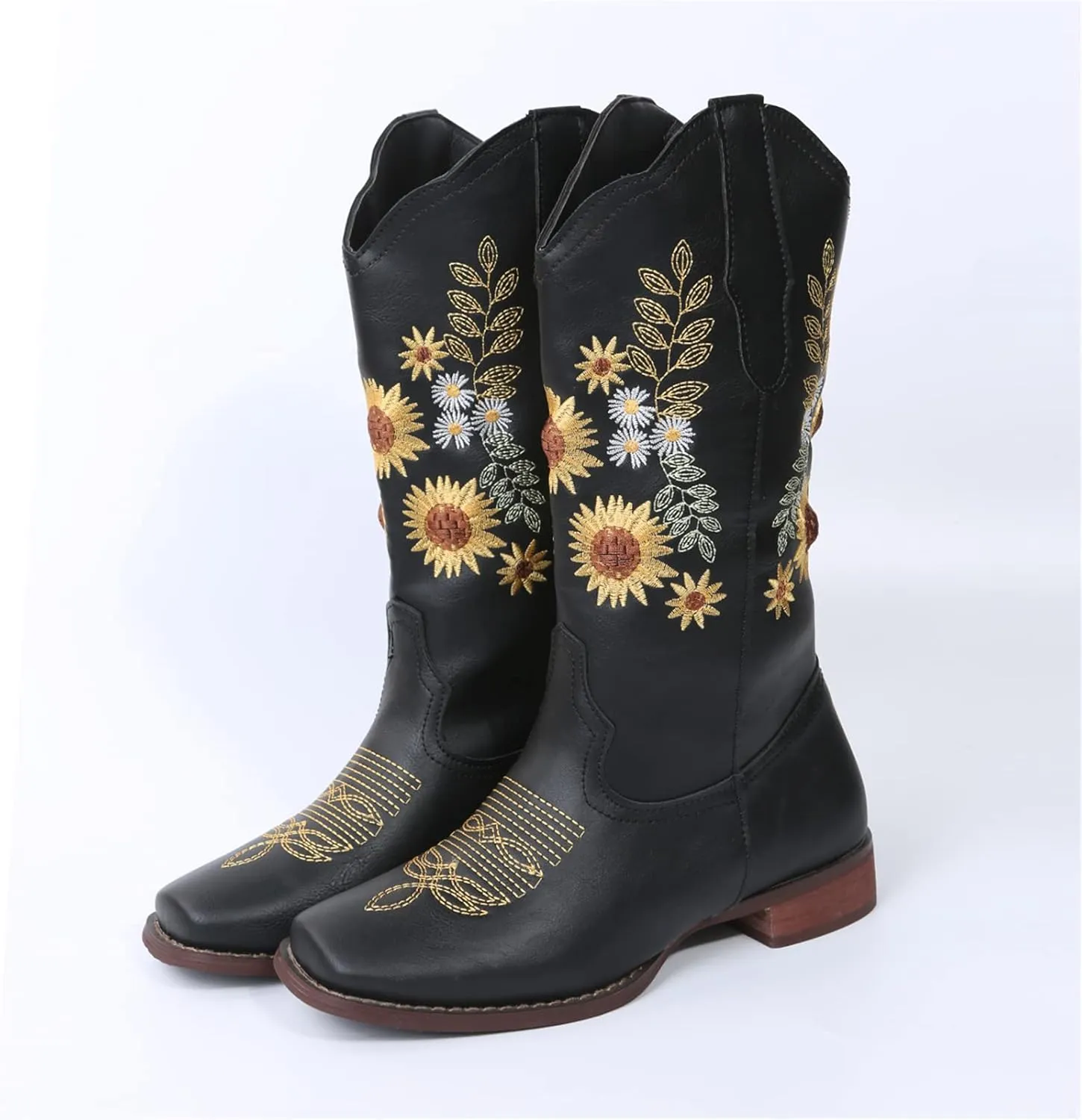 Ladmiple Cowgirl Boots Women Mid Calf Sunflower Embroidered Western Boots Chunky Heel Stitching Pull On Cowboy Boots