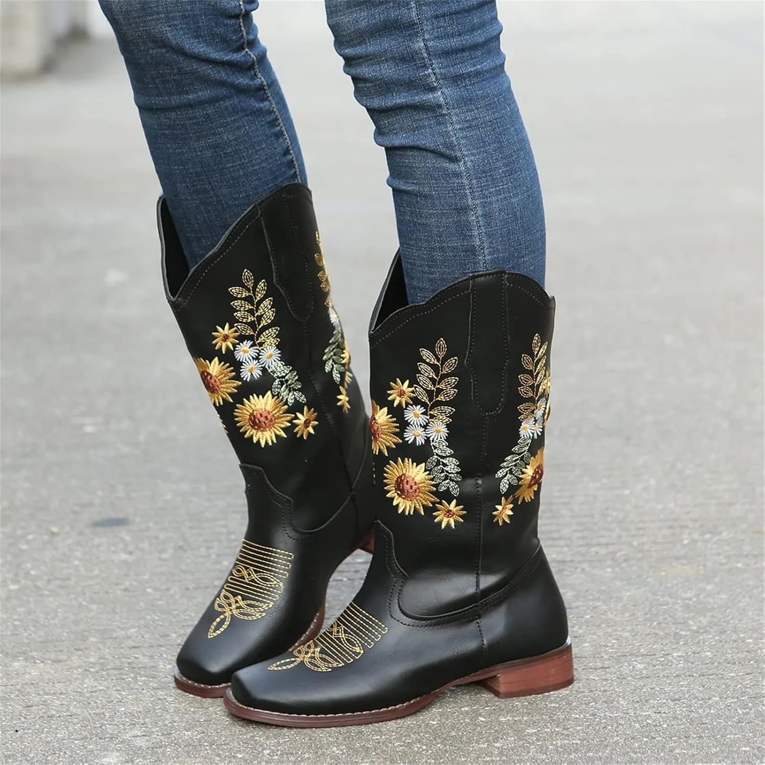 Ladmiple Cowgirl Boots Women Mid Calf Sunflower Embroidered Western Boots Chunky Heel Stitching Pull On Cowboy Boots