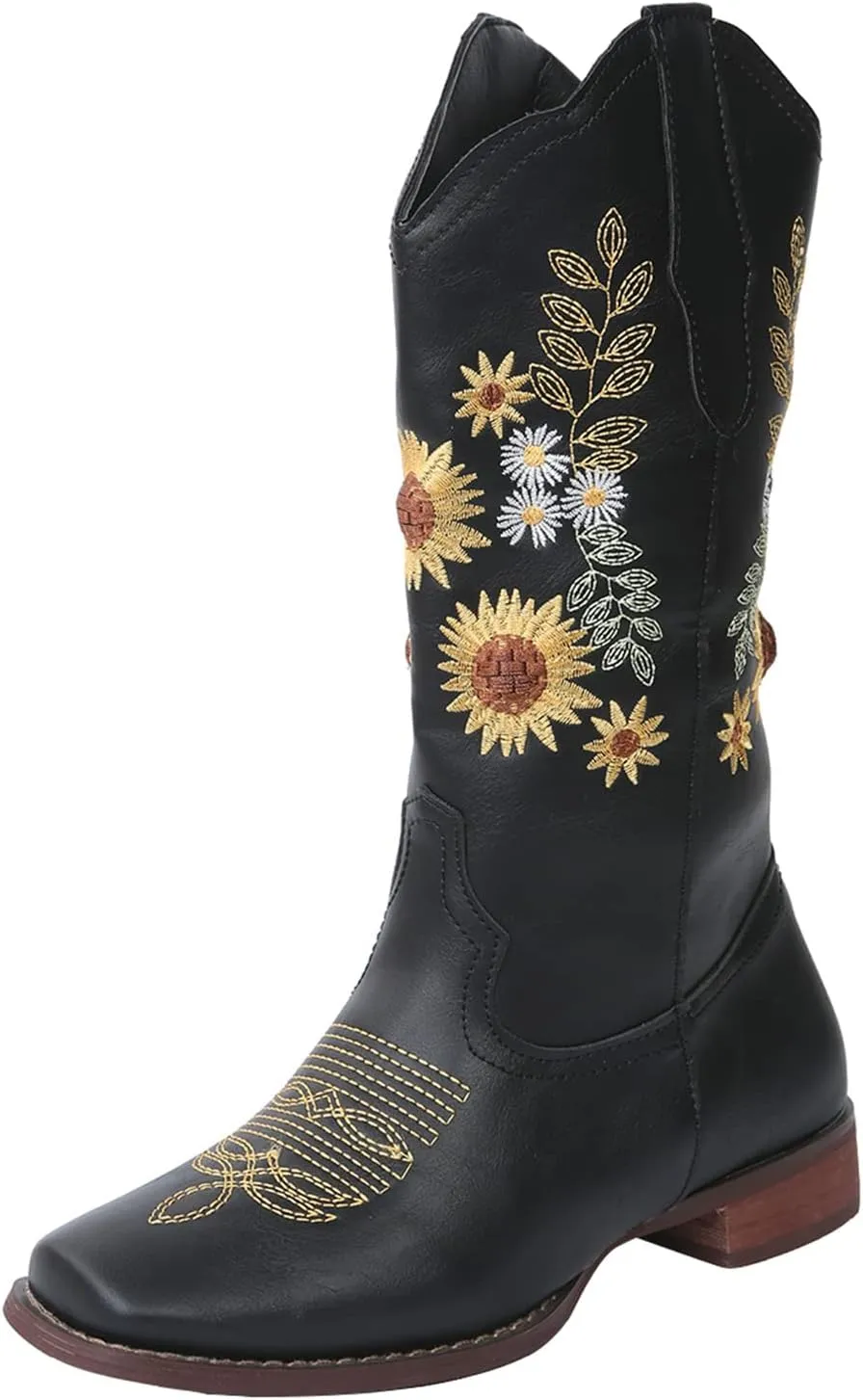 Ladmiple Cowgirl Boots Women Mid Calf Sunflower Embroidered Western Boots Chunky Heel Stitching Pull On Cowboy Boots