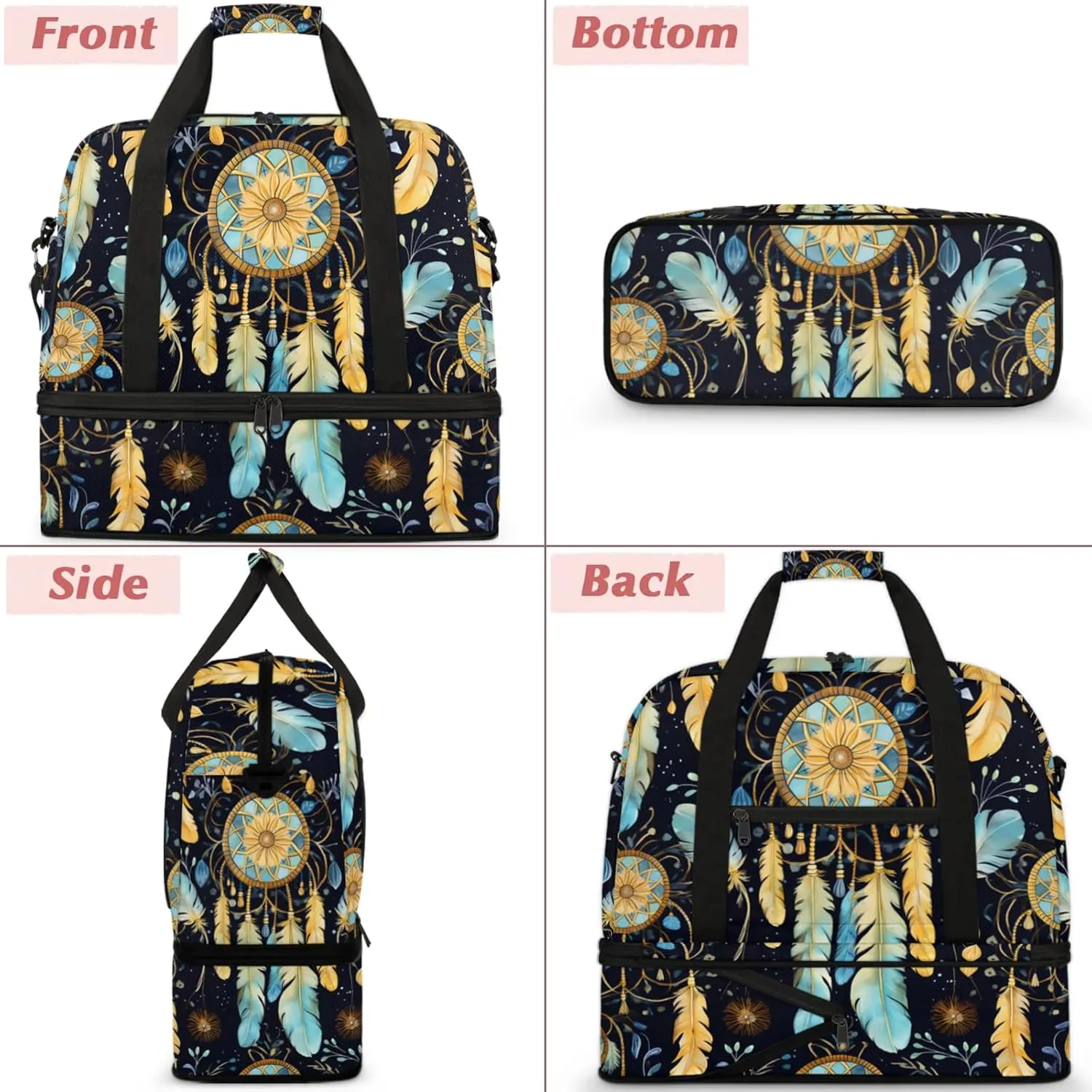 Large Travel Duffel Bag for Women Men Abstract Dream Catcher Feather Gym Bag Weekender Overnight Bags With Shoe Compartment Foldie Travel Tote Bag Carry On Personal Item Bag for Travel Gym Sports
