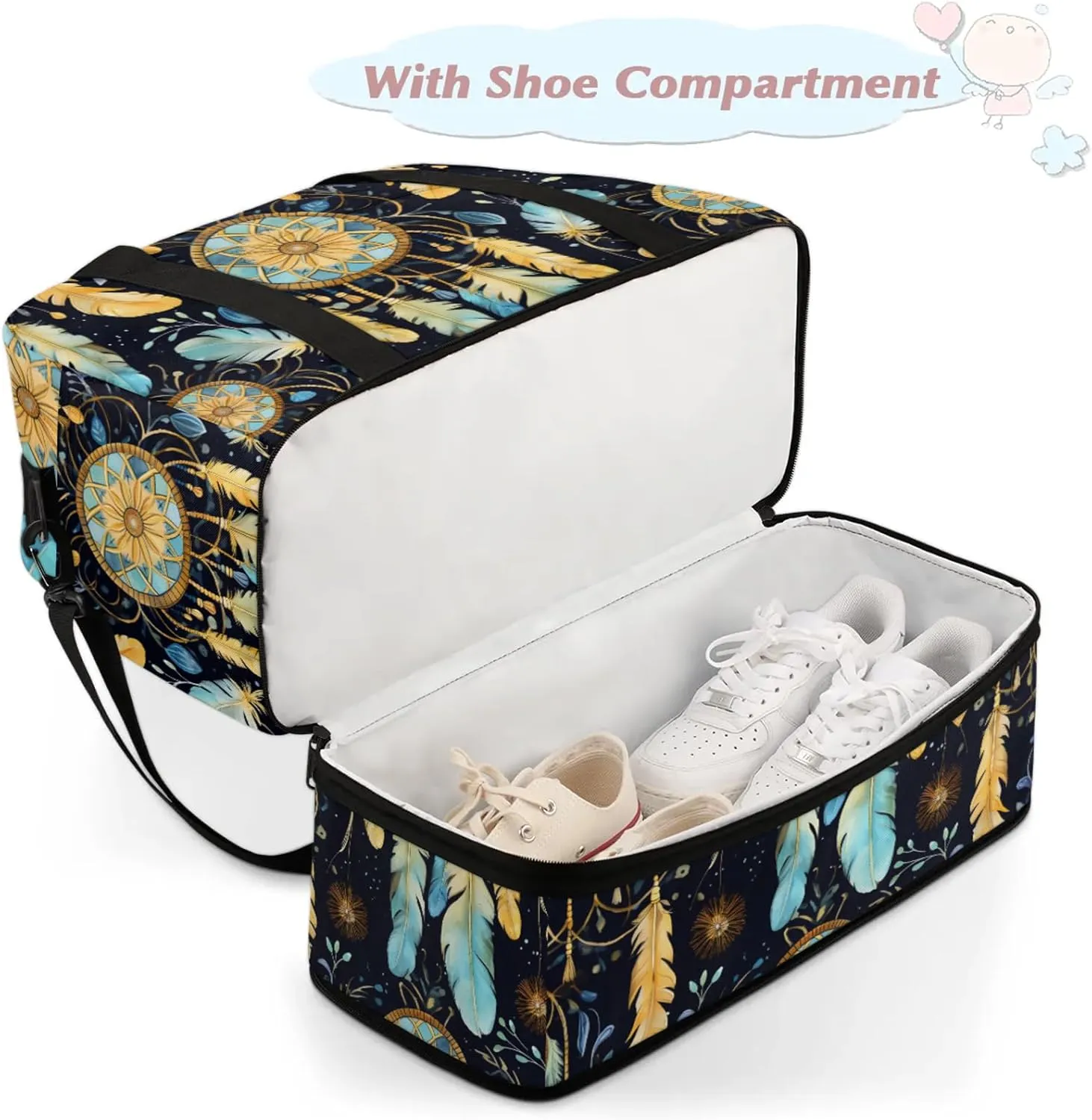 Large Travel Duffel Bag for Women Men Abstract Dream Catcher Feather Gym Bag Weekender Overnight Bags With Shoe Compartment Foldie Travel Tote Bag Carry On Personal Item Bag for Travel Gym Sports