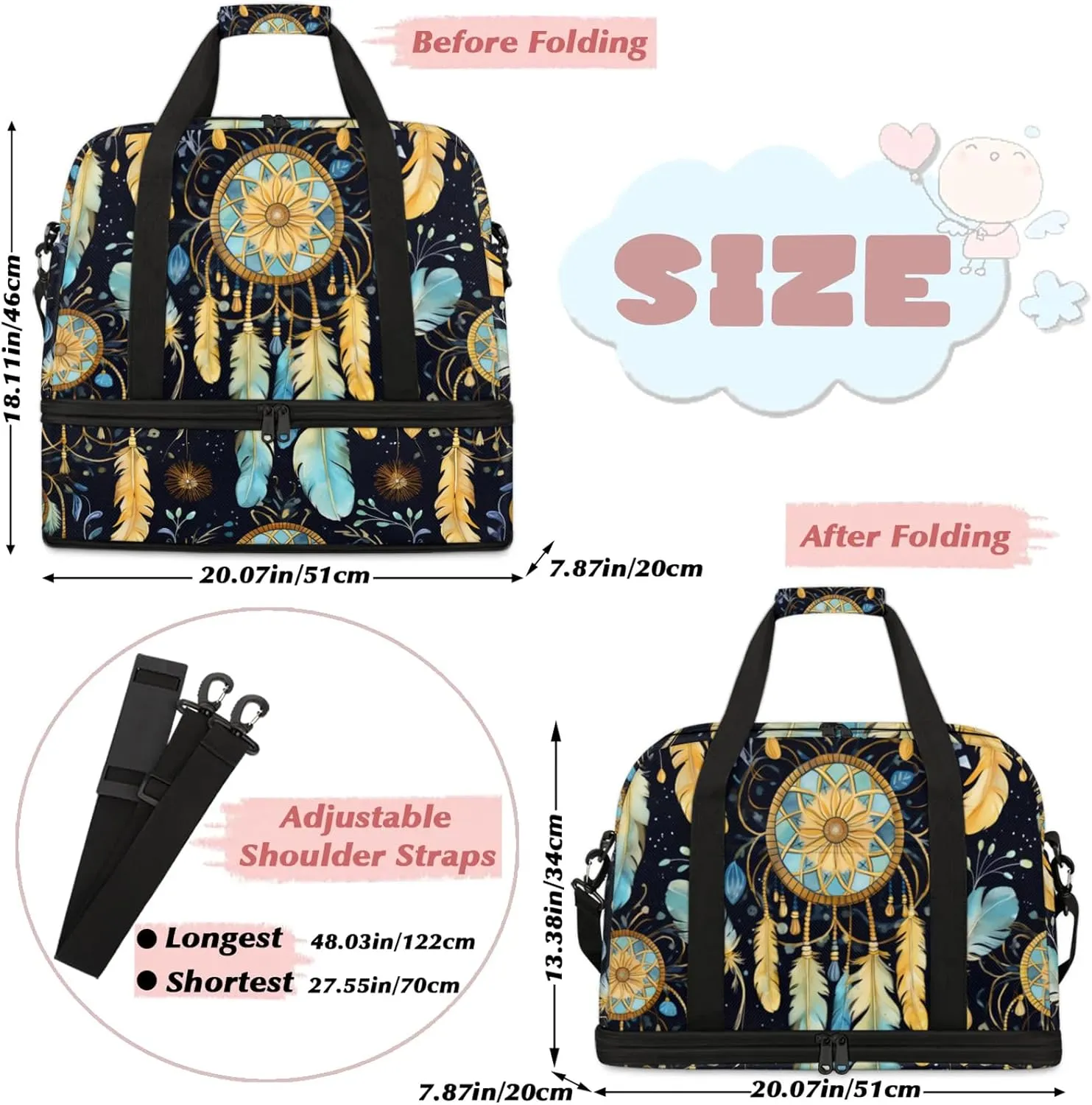 Large Travel Duffel Bag for Women Men Abstract Dream Catcher Feather Gym Bag Weekender Overnight Bags With Shoe Compartment Foldie Travel Tote Bag Carry On Personal Item Bag for Travel Gym Sports