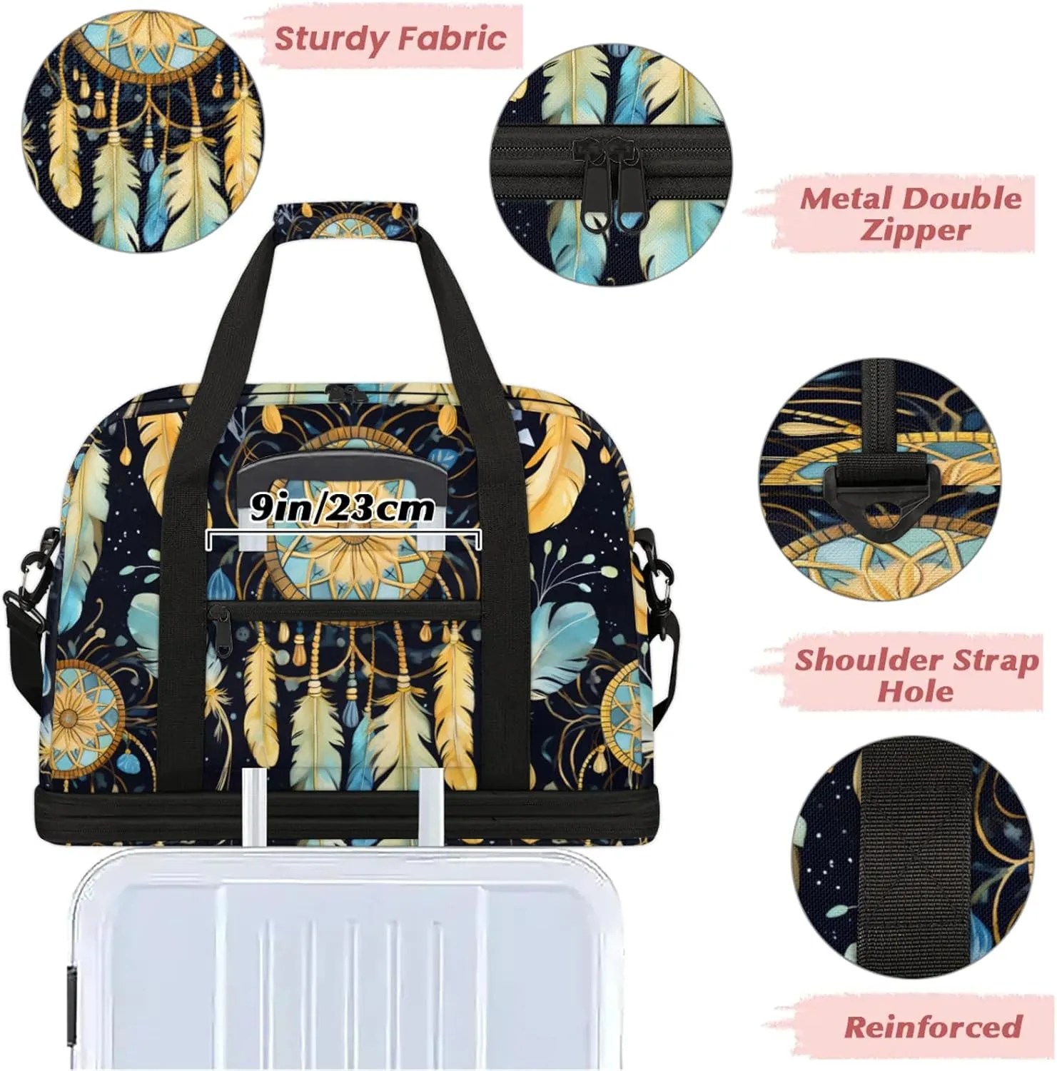 Large Travel Duffel Bag for Women Men Abstract Dream Catcher Feather Gym Bag Weekender Overnight Bags With Shoe Compartment Foldie Travel Tote Bag Carry On Personal Item Bag for Travel Gym Sports