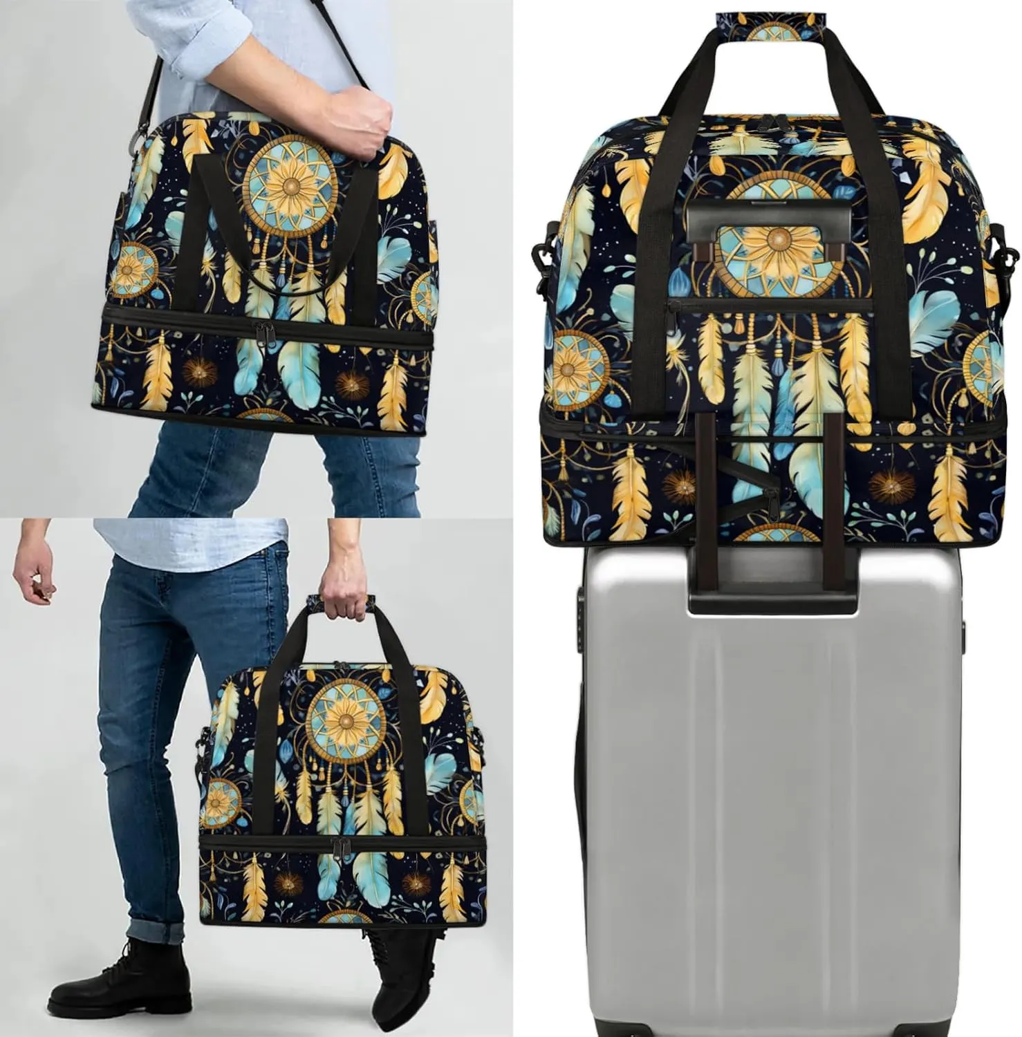 Large Travel Duffel Bag for Women Men Abstract Dream Catcher Feather Gym Bag Weekender Overnight Bags With Shoe Compartment Foldie Travel Tote Bag Carry On Personal Item Bag for Travel Gym Sports