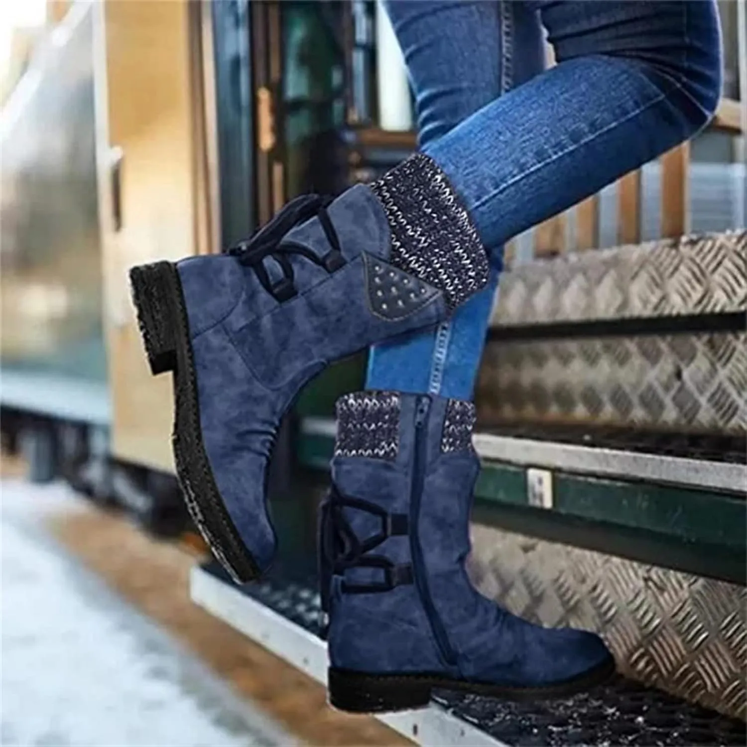 Lausiuoe Boots For Women Low Heel Mid Calf Winter Boots Side Zip Western Platform Hiking Booties Warm Non Slip Outdoor Shoes
