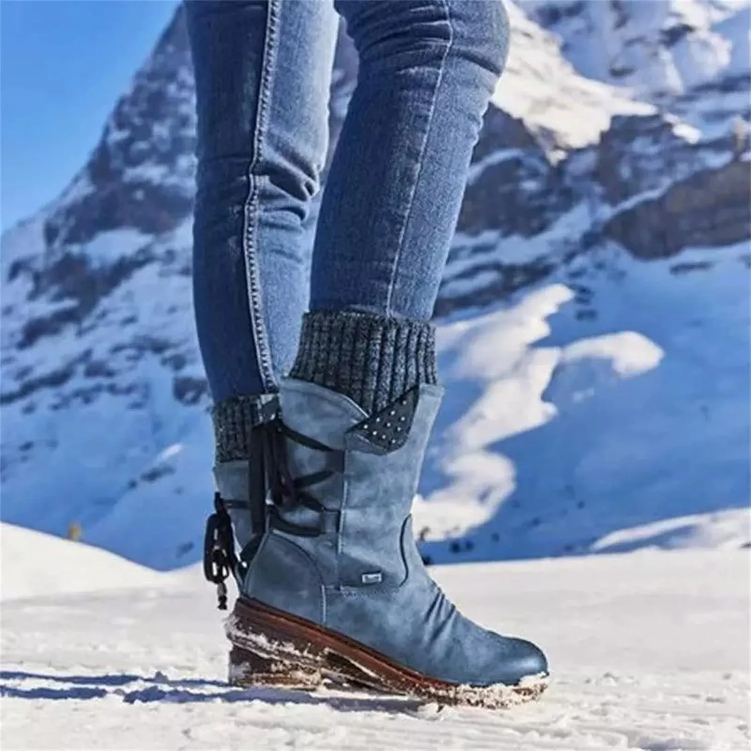 Lausiuoe Boots For Women Low Heel Mid Calf Winter Boots Side Zip Western Platform Hiking Booties Warm Non Slip Outdoor Shoes