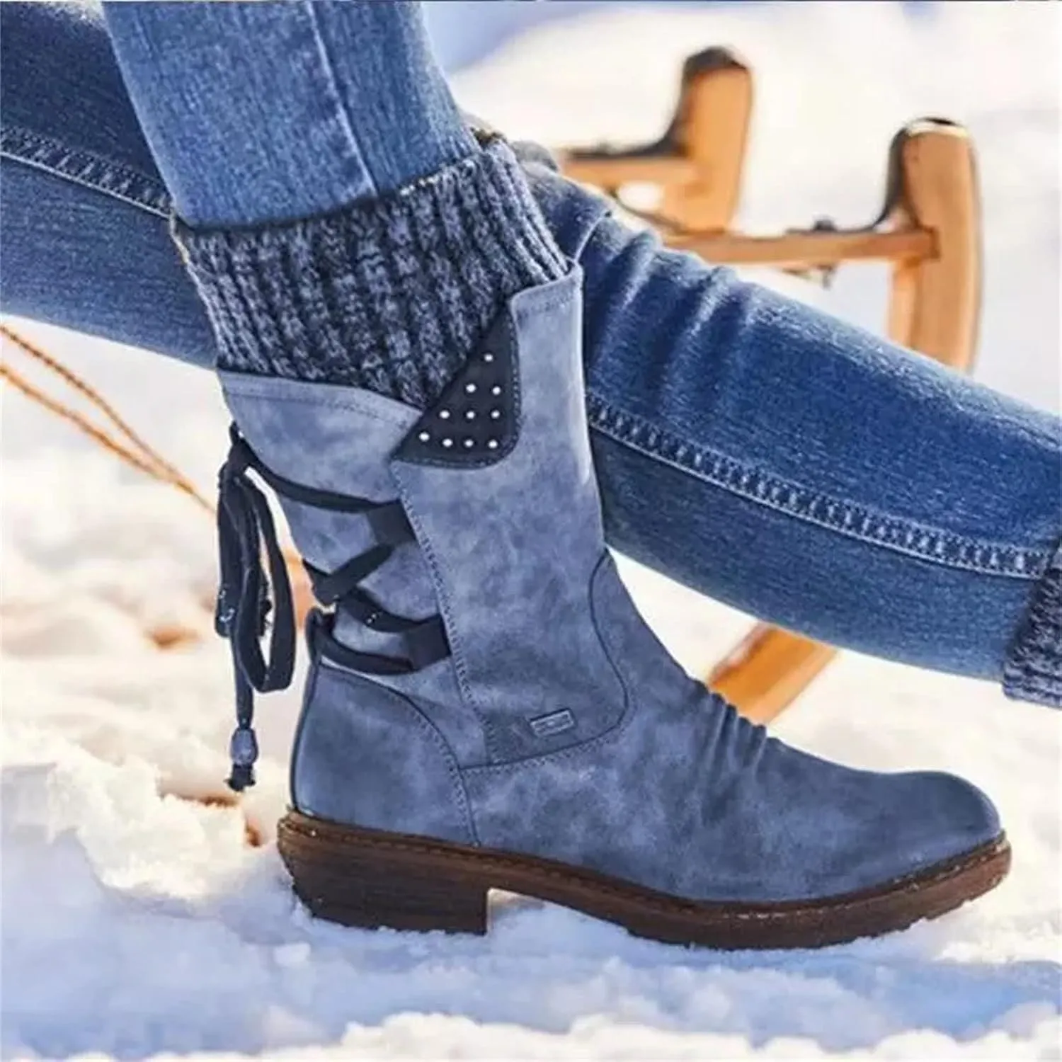 Lausiuoe Boots For Women Low Heel Mid Calf Winter Boots Side Zip Western Platform Hiking Booties Warm Non Slip Outdoor Shoes