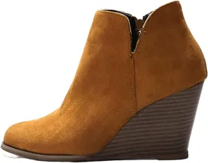 Lausiuoe Wedge Booties For Women Closed Toe Ankle Boots Slip on Heeled Casual Fashion Western Platform Fall Booties