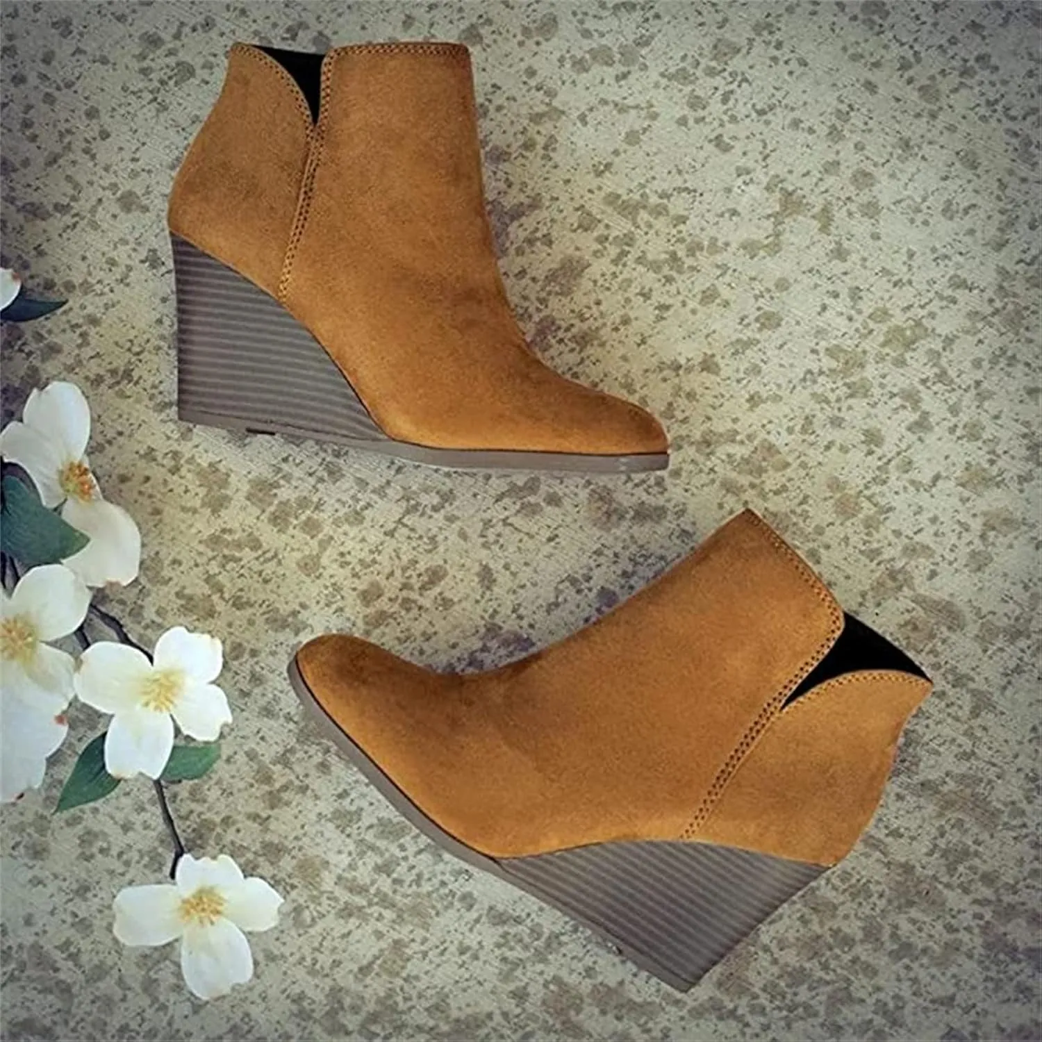 Lausiuoe Wedge Booties For Women Closed Toe Ankle Boots Slip on Heeled Casual Fashion Western Platform Fall Booties
