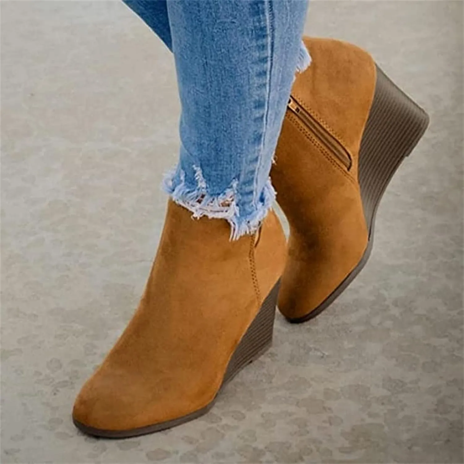 Lausiuoe Wedge Booties For Women Closed Toe Ankle Boots Slip on Heeled Casual Fashion Western Platform Fall Booties