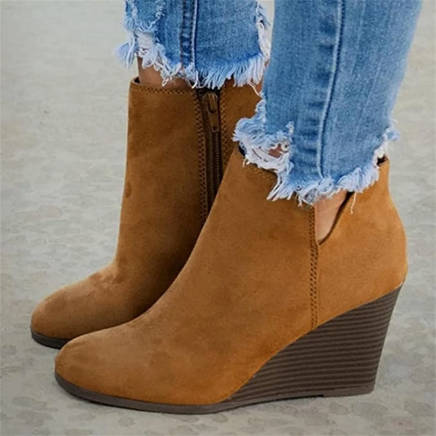 Lausiuoe Wedge Booties For Women Closed Toe Ankle Boots Slip on Heeled Casual Fashion Western Platform Fall Booties