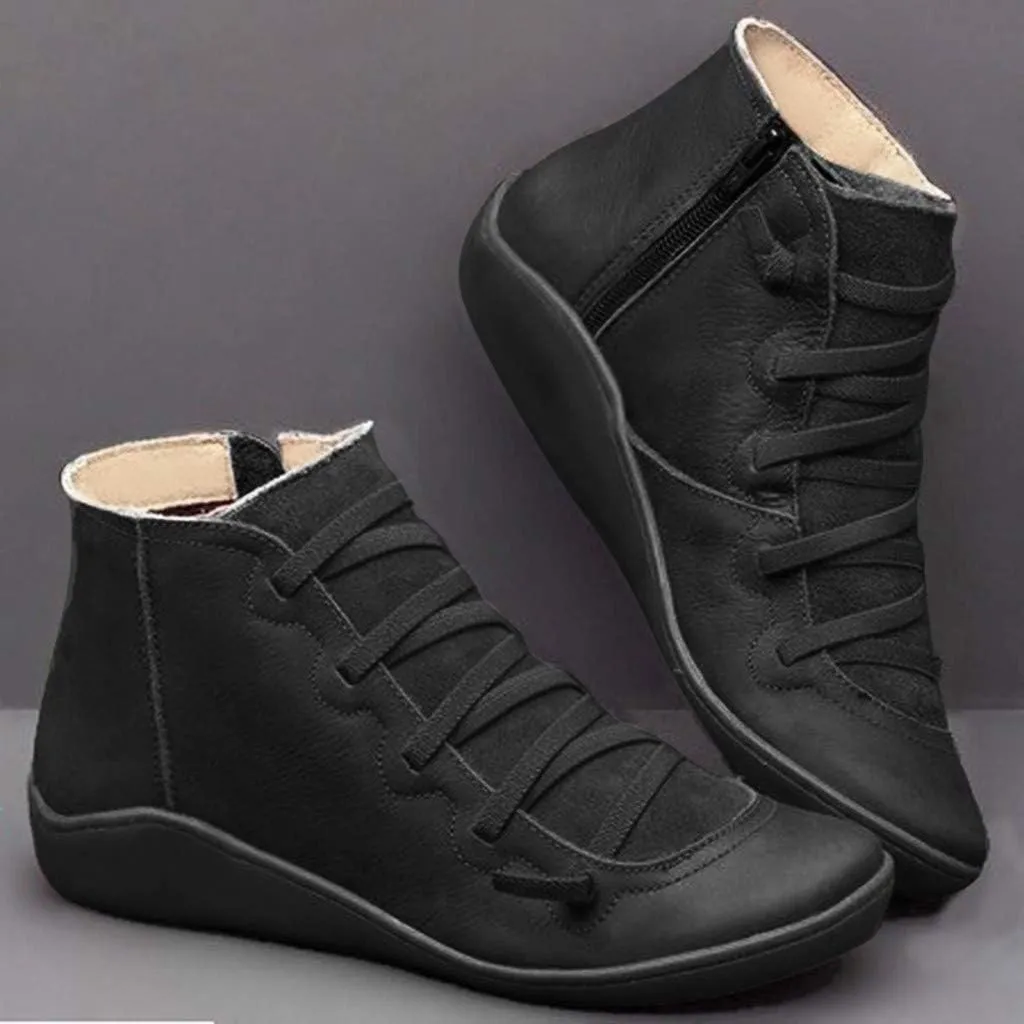 Leather Ankle Boots Comfortable Boots for Women Retro Round Toe Lace up Flat Short Boots No Heel Lightweight Comfy