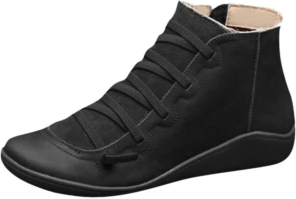 Leather Ankle Boots Comfortable Boots for Women Retro Round Toe Lace up Flat Short Boots No Heel Lightweight Comfy