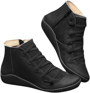 Leather Ankle Boots Comfortable Boots for Women Retro Round Toe Lace up Flat Short Boots No Heel Lightweight Comfy