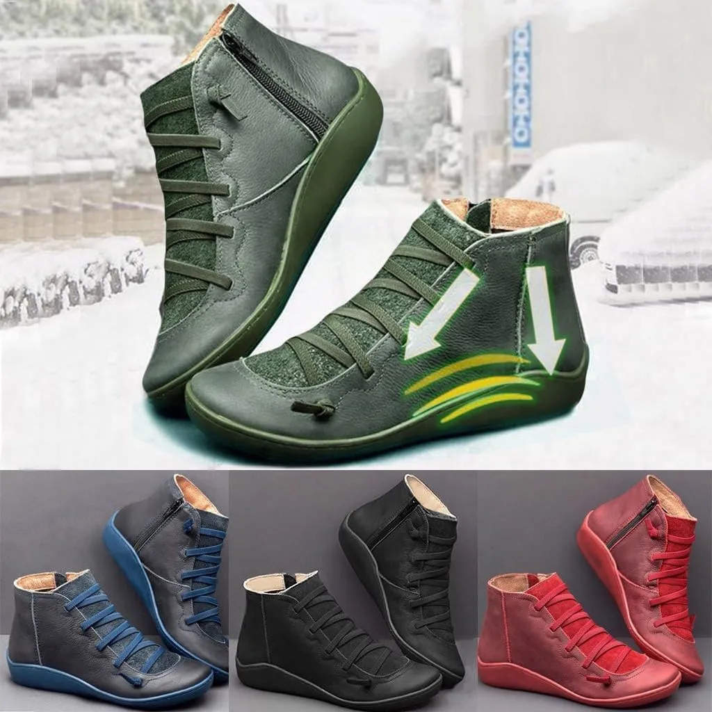 Leather Ankle Boots Comfortable Boots for Women Retro Round Toe Lace up Flat Short Boots No Heel Lightweight Comfy