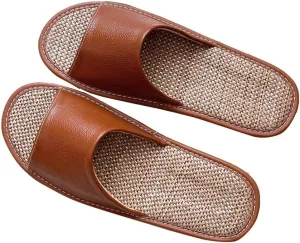 Leather Slippers, Flax Slipper, Men's and Women's Open Toe Slippers, Open Toes Indoor Slippers Leather Flat Slide Sandals Casual House Shoes Office Slippers for Mens
