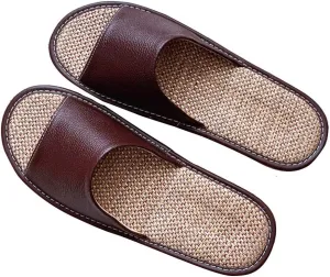 Leather Slippers, Flax Slipper, Men's and Women's Open Toe Slippers, Open Toes Indoor Slippers Leather Flat Slide Sandals Casual House Shoes Office Slippers for Mens
