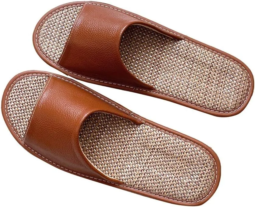 Leather Slippers, Flax Slipper, Men's and Women's Open Toe Slippers, Open Toes Indoor Slippers Leather Flat Slide Sandals Casual House Shoes Office Slippers for Mens