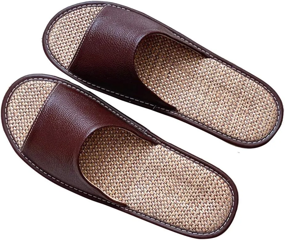 Leather Slippers, Flax Slipper, Men's and Women's Open Toe Slippers, Open Toes Indoor Slippers Leather Flat Slide Sandals Casual House Shoes Office Slippers for Mens