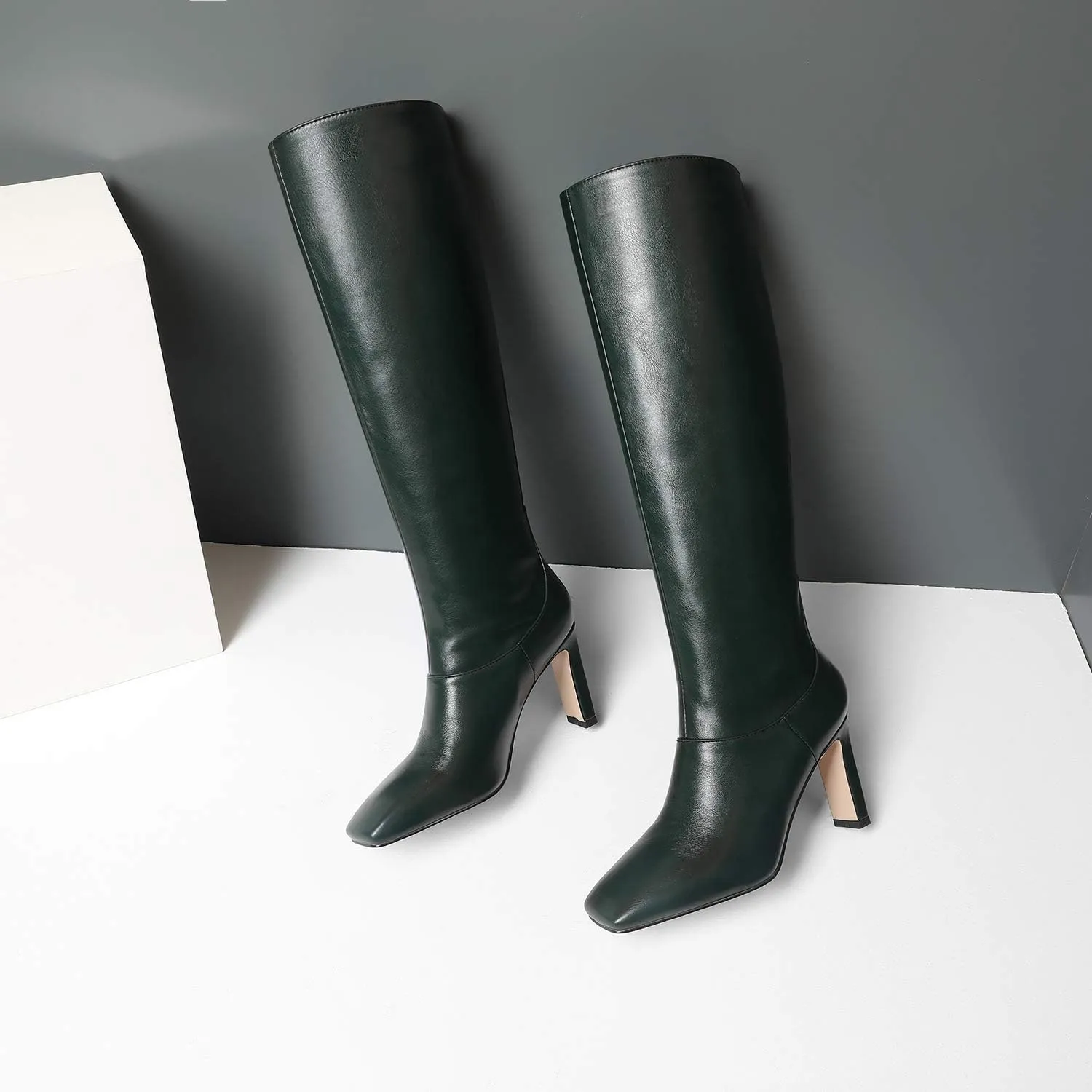 LEHOOR Women Knee High Chunky Heel Boots Matte Leather Square Closed Toe Slip On High Heeled Dress Shoes Sexy Trendy for Ladies 4-11 M US