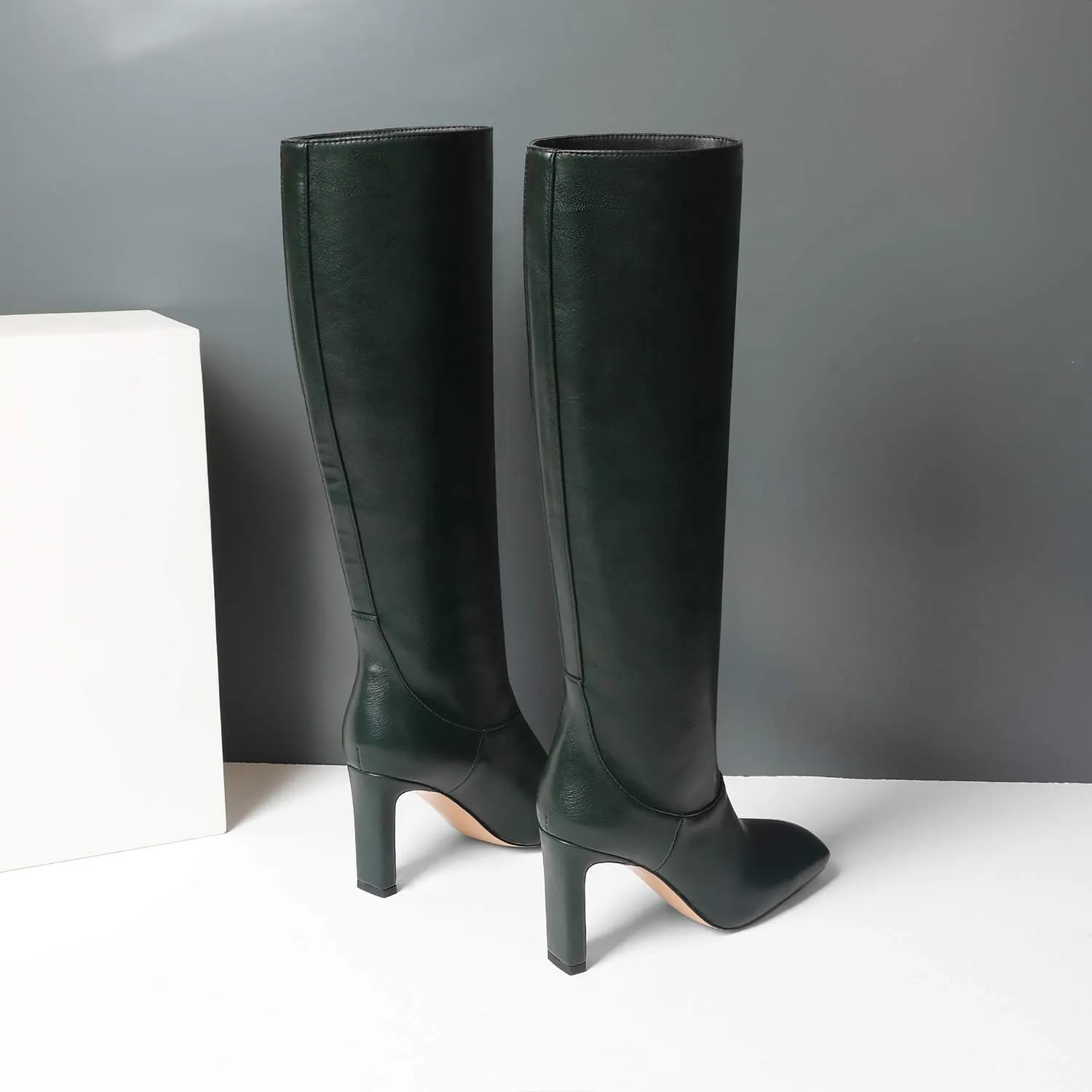 LEHOOR Women Knee High Chunky Heel Boots Matte Leather Square Closed Toe Slip On High Heeled Dress Shoes Sexy Trendy for Ladies 4-11 M US