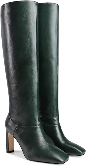 LEHOOR Women Knee High Chunky Heel Boots Matte Leather Square Closed Toe Slip On High Heeled Dress Shoes Sexy Trendy for Ladies 4-11 M US