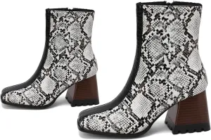 LEHOOR Women Square Toe Ankle Boots Chunky Block Heel Side Zipper Sock Booties Crocodile Snakeskin Two-Toned Combat Boots Patchwork Multicolored Fall Dress Boot Chic Fashion Party Work 4-15 M US