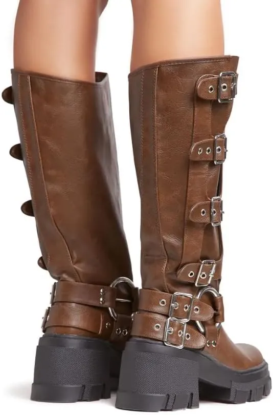 Lemonade Buckle Up Now Women's Side Buckle Detail Chunky Sole Mid Calf Biker Boot