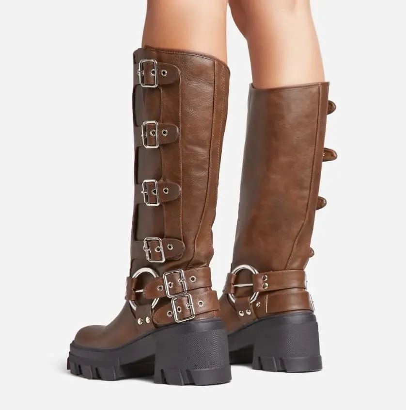 Lemonade Buckle Up Now Women's Side Buckle Detail Chunky Sole Mid Calf Biker Boot